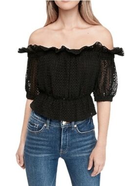 EXPRESS | Black Off-Shoulder Cropped Eyelet Lace Peplum Blouse